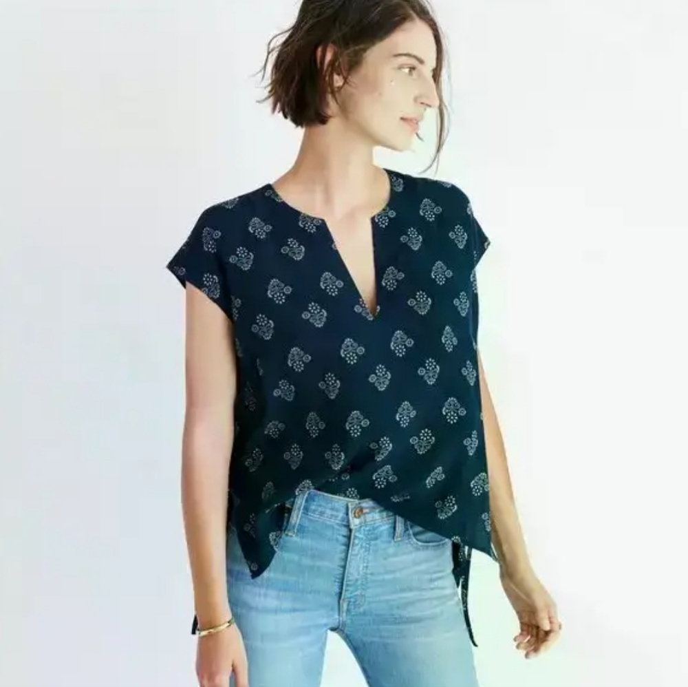 Madewell Skylight Side-Tie Top In Floral Retro Navy Pattern - Picture 2 of 11